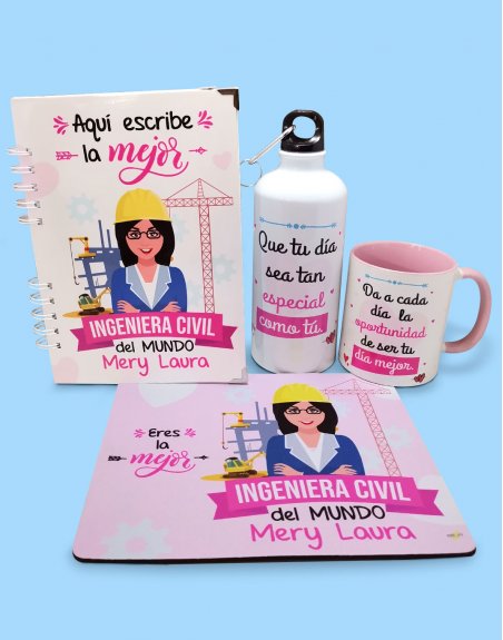 pack regalo personalizado ingeniera civil con dibujo y frases