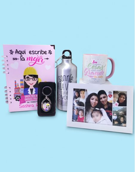 pack personalizado de futura ingeniera industrial con dibujo, fotos y frases