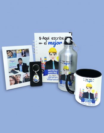 pack personalizado ingeniero industrial con dibujo, fotos y frases