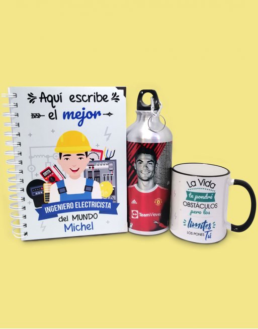 pack personalizado de ingeniero electricista con dibujo, foto de CR7 y frases. pack personalizado de ingeniero electricista con dibujo, foto de CR7 y frases.