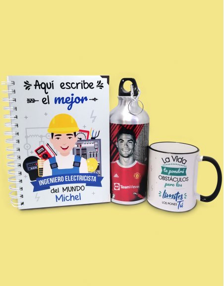 pack personalizado de ingeniero electricista con dibujo, foto de CR7 y frases.