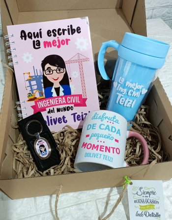 pack regalo personalizado ingeniera civil con dibujo y frases