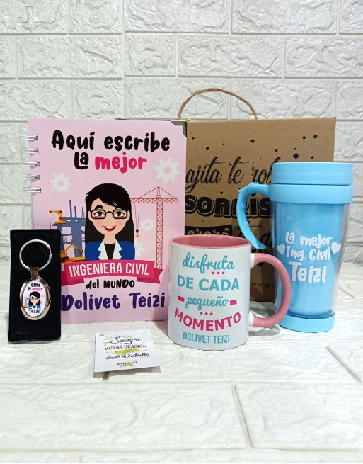 pack regalo personalizado ingeniera civil con dibujo y frases